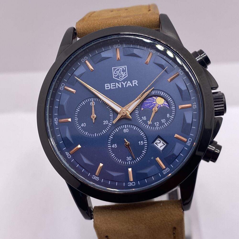 Benyar Mens Chronograph Brown Leather Moon Phase Watch Works New Battery